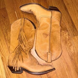 Tan Leather Cowboy Boots with Fringe